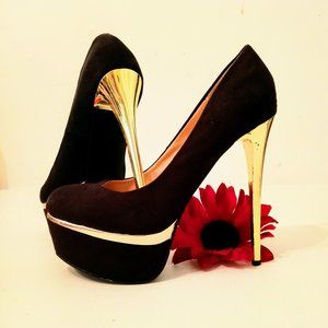 BRAND NEW🎁FREE GIFT INCLUDED🎁Stiletto Platform Black Suede w/ Gold Rim & Heels